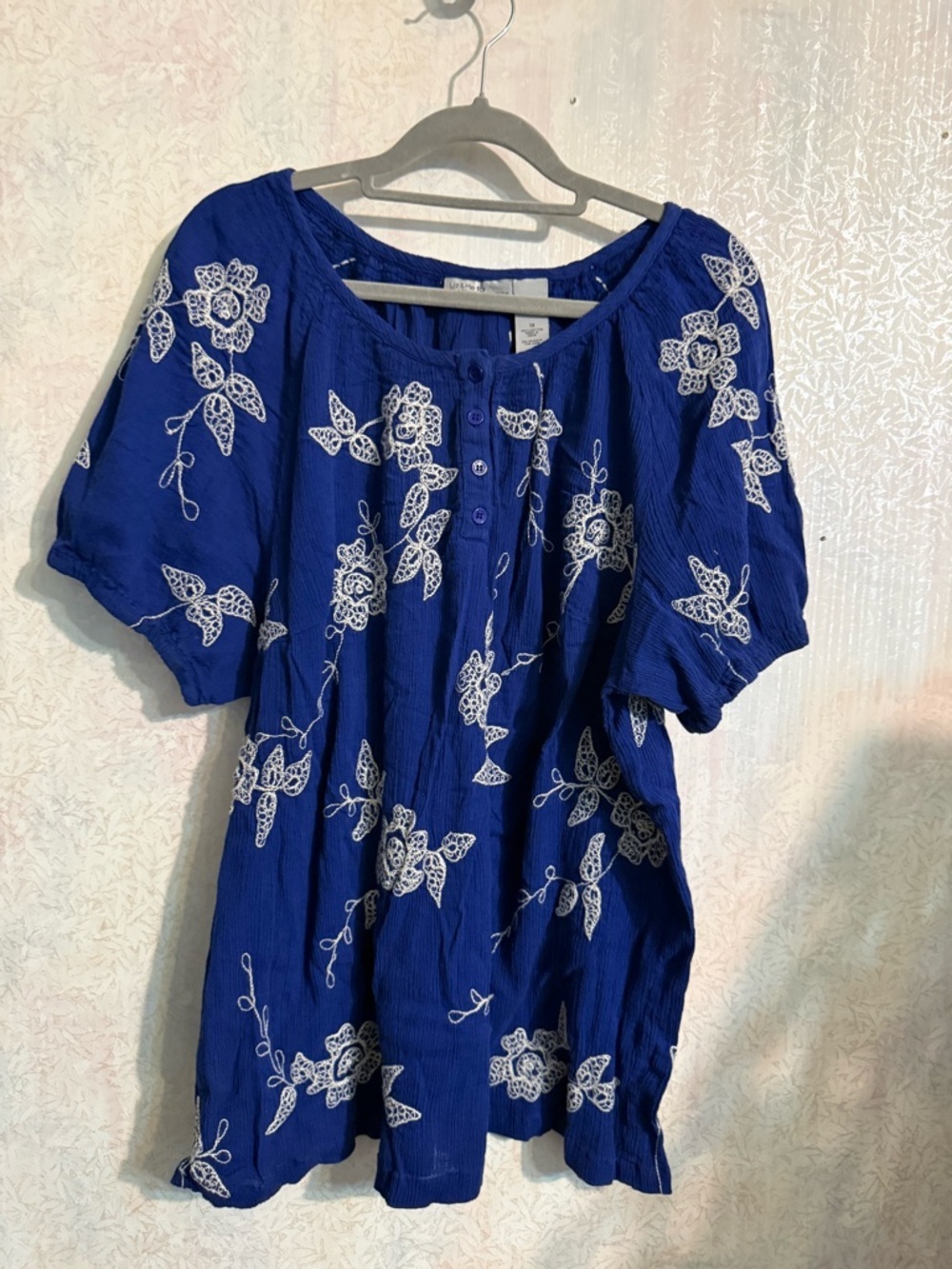 Catherines Royal Blue Floral Embroidered Short-Sleeve Tunic, Cottagecore, 1X